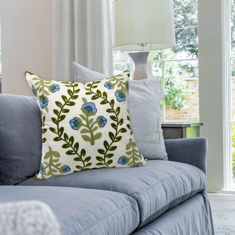 Alysheer Floral Embroidered Summer Decorative Throw Pillow Cover 18""x 18""  Farmhouse Cottage Blue Flowers Green Leaves Knit Pattern Cotton Canvas Cushion Case for Sofa Couch Bed Living Room Decor - Image 2